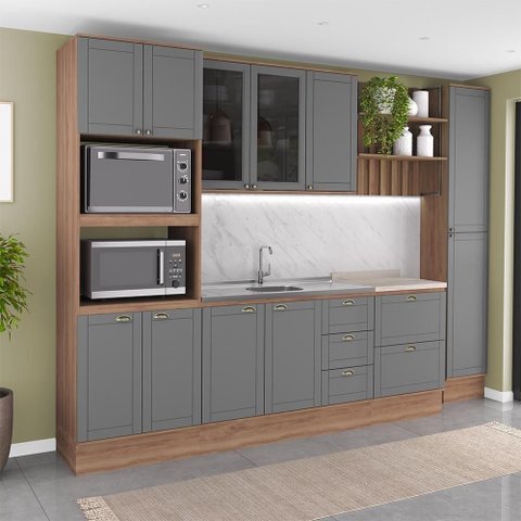 Cozinha Milla Cleo 11 Portas 5 Gavetas MDF-MDP 310cm Nogal com Cinza Móveis Carraro