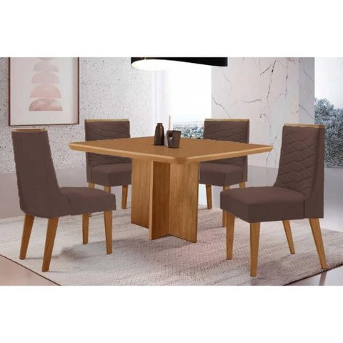 Conjunto: Mesa de Cozinha Berlim Tampo Curvo 90cm+4 Cadeiras Maldivas Madeira Naturale - Capuccino/