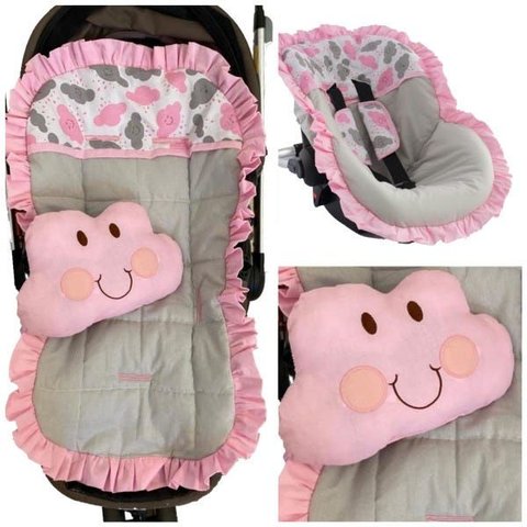 Capa Carrinho + Bebe Conforto + Protetor Cinto Nuvens Rosa
