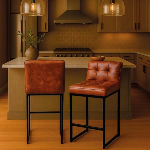 Banqueta Cozinha Alta com Encosto Industrial Kit 2 Preto Lirina Pu Nozes C05 - D’Rossi