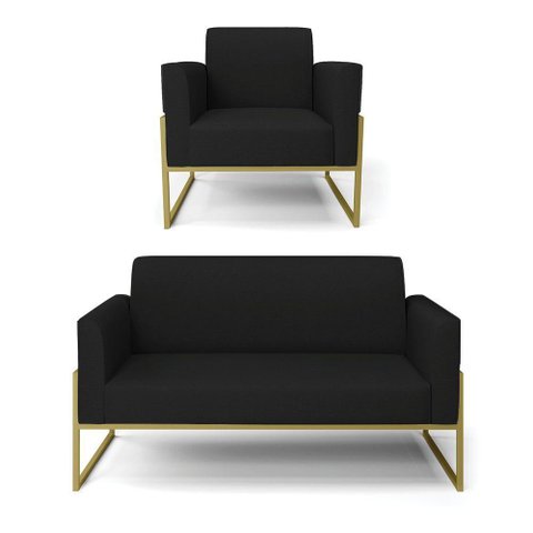 Sofá Namoradeira com Poltrona Base Industrial Alta Dourado Marisa Linho Preto A79 D03 - D\'rossi