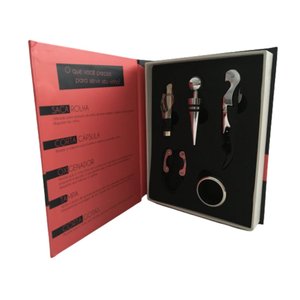 Kit Vinho 5 acessórios em Inox e livro Decorativo Capa Coral/Preto/Prata