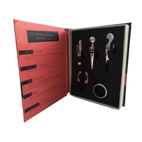 Kit Vinho 5 Acessórios em Inox e Livro Decorativo Capa Coral/preto/prata