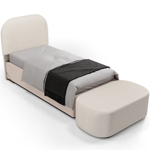 Cabeceira Cama Box 100cm Lanna com Puff Recamier Doha W01 Linho Cru - Lyam Decor