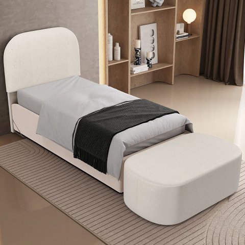Cabeceira Cama Box 100cm Lanna com Puff Recamier Doha W01 Linho Cru - Lyam Decor