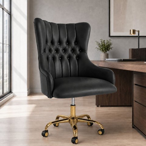 Cadeira Poltrona Home Office Helena Capitonê Base com Rodinhas Dourada