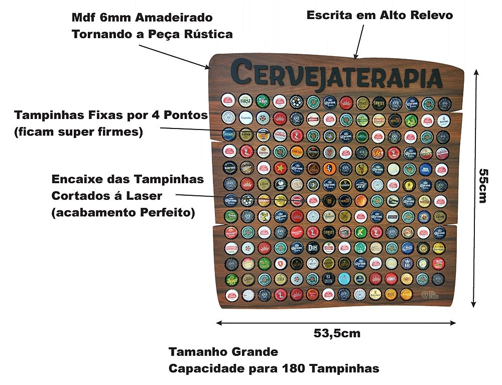 Porta tampinhas de garrafa quadro decoração Cerveja modelo Cervejaterapia rustico 150 tampas Co2Beer - 5