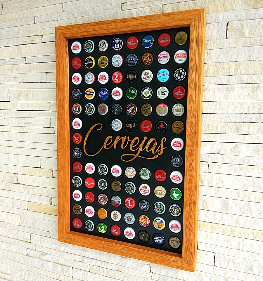 Porta tampinhas de garrafa quadro decoração preto cerveja exclusivo Linha Master 90 tampas Co2Beer