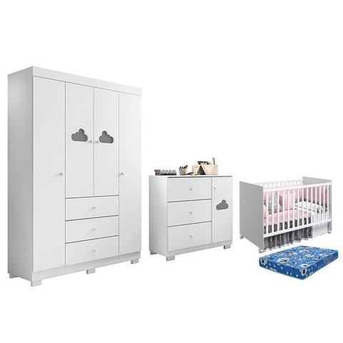 Dormitório Infantil Ane Guarda Roupa, Cômoda, Berço Tico Branco com Colchão Physical - Phoenix