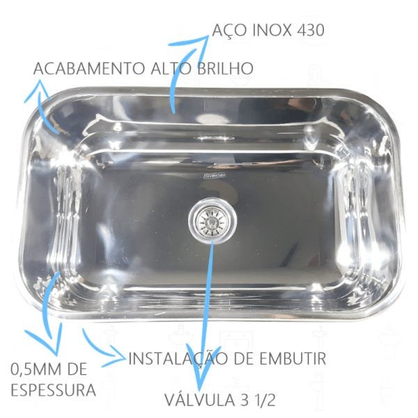 Cuba de Cozinha N2 56x34x17cm Inox 430 com Valvula, Sifao e Porta Esponja - 3