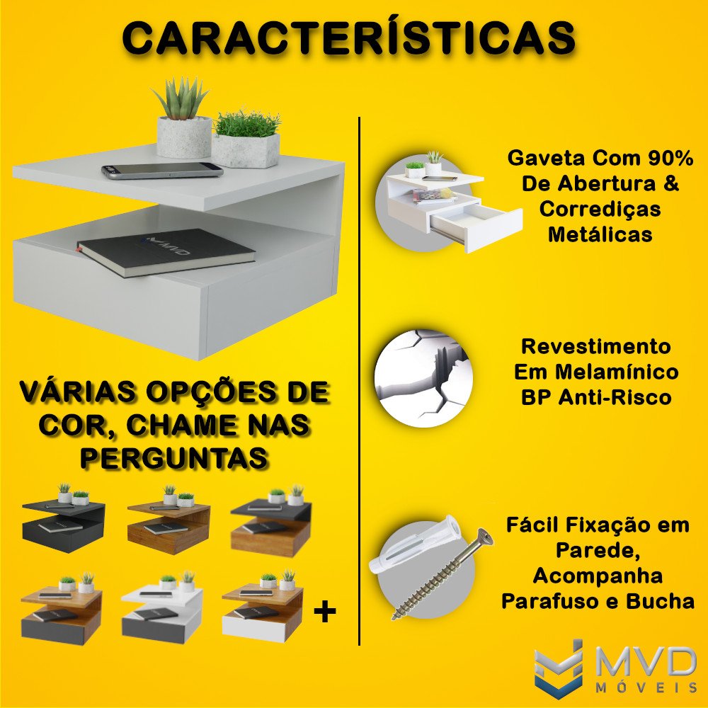 Mesa de Cabeceira Mvd Móveis Suspensa com Gaveta e Prateleira Cor Branco - 2