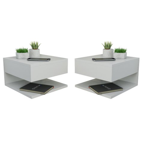 Kit 2 Mesa de Cabeceira com Gaveta e Prateleira Branco