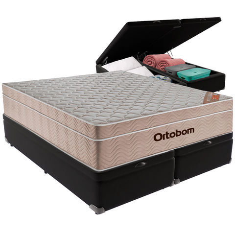 Cama Box Baú e Colchão Airtech Springpocket Molas Ensacadas Queen Ortobom: Preto