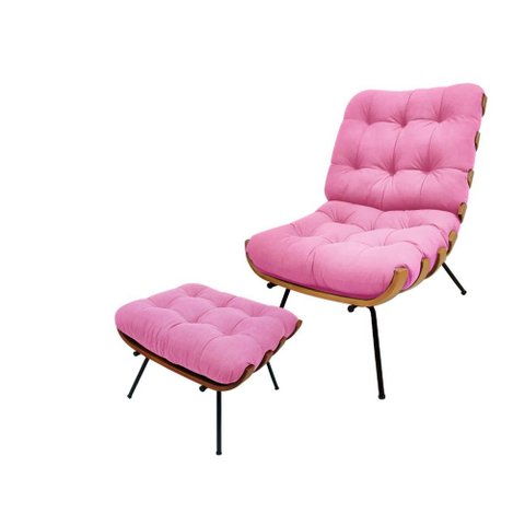 Kit Poltrona e Puff Costela Suede Rosa