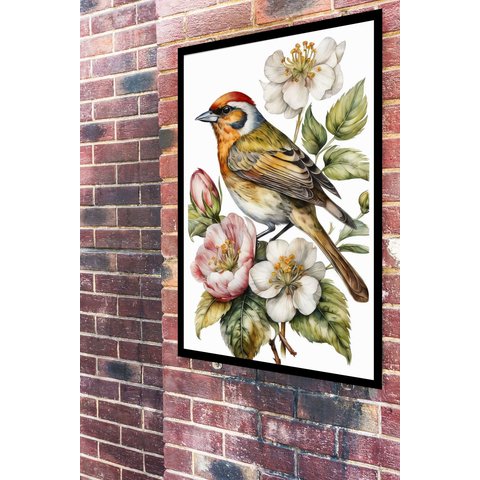 Quadro Decorativo Pássaro Flores Branca e Rosa - 70x50cm:moldura Preta