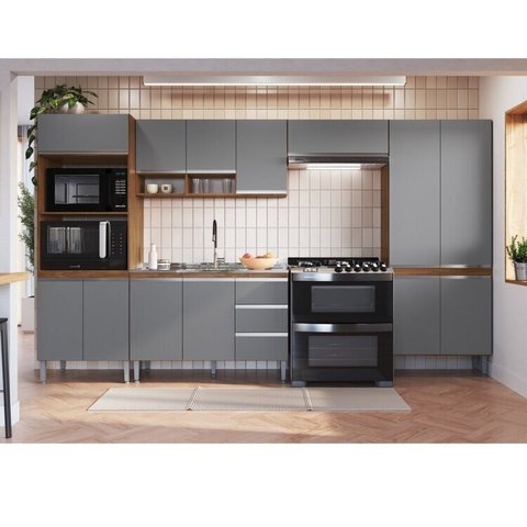 Cozinha 5 Peças 13 Portas 3 Gavetas Athena Laranja/Freijó/Cinza