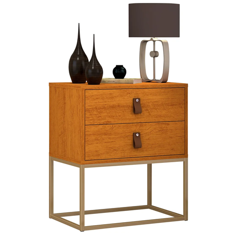 Mesa de Cabeceira com Gavetas 45cm Unic Base Metálica Estilo Industrial:naturale/dourado