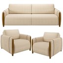 Ver imagem 1 de Kit Sofá 03 Lugares Sala Estar 223cm com 02 Poltronas Flora Pés Madeira M03 Linho Bege - Lyam