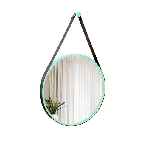 Espelho Decorativo Adnet Verde Alça Corino Preto 60 cm Redondo Verde/Preto, 60 cm