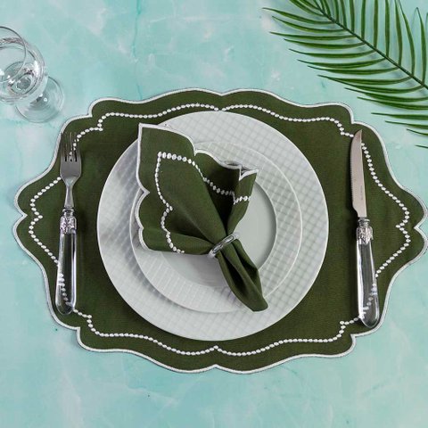 Kit 6 Jogos Americanos Retangular com Guardanapos Bordado Branco - Realeza Verde Musgo
