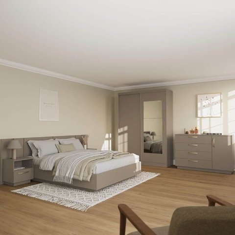Kit Guarda Roupas 2 Portas, Cama Queen e Complementos de Quarto Araçá CabeCasa MadeiraOriginals Cinza/Fendi