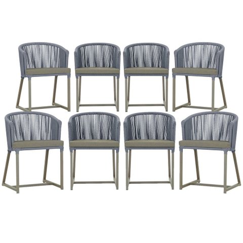 8 Cadeiras de Jantar Área Noronha em Alumínio com Pintura Fendi Corda Náutica Estofado 8 Trama Origi