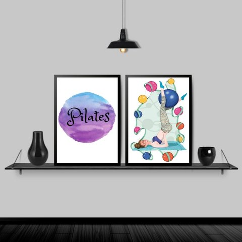 Kit 2 Quadros Decorativos Pilates Bolas 24x18cm:Madeira preta