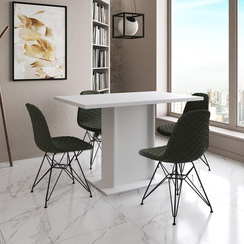 Mesa Jantar Londres Tampo Branco 120cm 4 Cadeiras Ferro Preto Estofado Verde