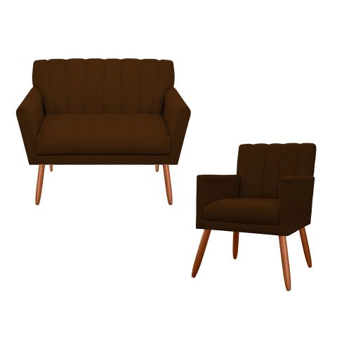 Kit Namoradeira + 1 Poltrona Decorativa Cecília Couro Marrom Pés Madeira Mz Decor