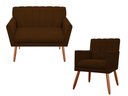 Ver imagem 1 de Kit Namoradeira + 1 Poltrona Decorativa Cecília Couro Marrom Pés Madeira Mz Decor