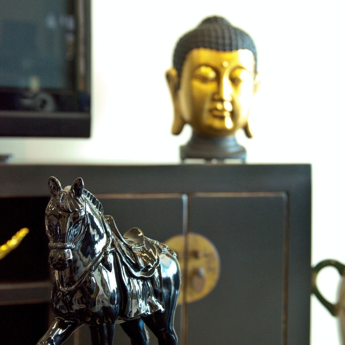 Escultura de cabeça de Buda em cerâmica, na cor ouro envelhecido brilhante - 3