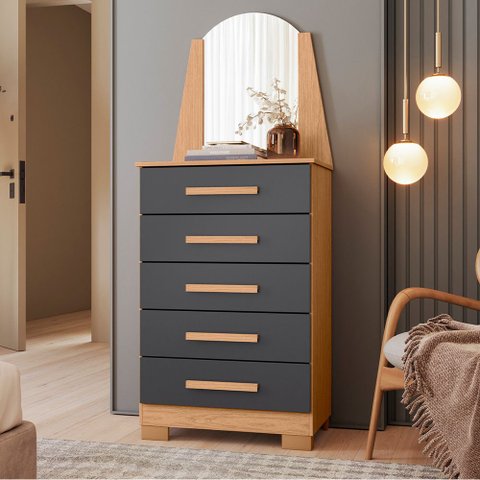 Cômoda para Quarto com Espelho 5 Gavetas 63cm Savona A04 Freijó Titanium - Lyam Decor