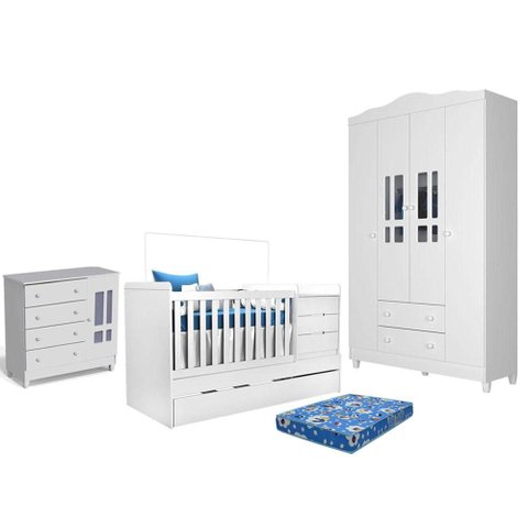 Quarto de Bebê Ariel 4 Portas com Berço Americano Multifuncional Cleo Branco com Colchão Ortobom - C