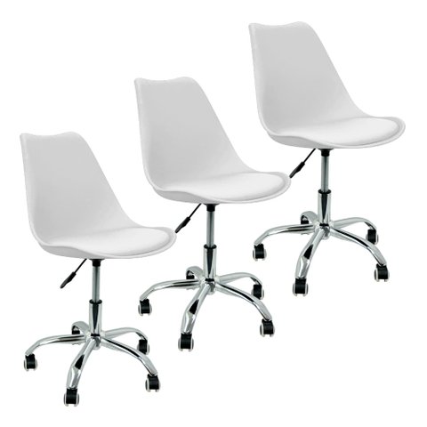 Kit 3 Cadeiras Leda Office Luisa Saarinen Estofada Base Giratória Cromada - Branca Branco