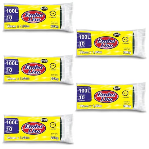 Kit 5 Pacotes Sacos de Lixo Preto Reciclado Resistente Reforçado 100 Litros 75cm x 105cm Pacote com 