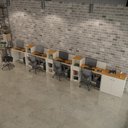 Ver imagem 2 de Conjunto de Escritório Noruega 3 Livreiro 1 Buffet e 4 Mesas 90cm - Via Nossa - Off White e Cedro