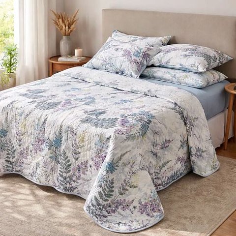 Cobre Leito Casal King Dupla Face 03 Peças Floral Azul