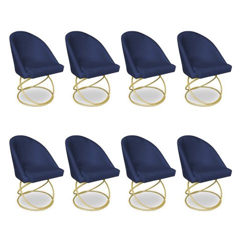 Kit 08 Cadeiras Poltrona de Jantar Bela Veludo Azul Marinho Base Metálica Luxo Dourado - Pallazio