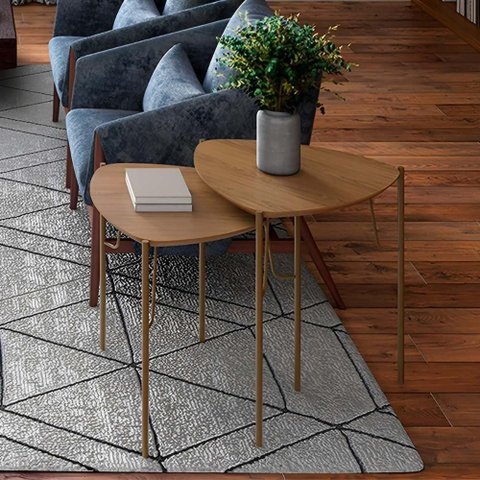 Conjunto de Mesas Laterais Bend Triangular MDF Metal Pintado 54cm Louro com Dourado
