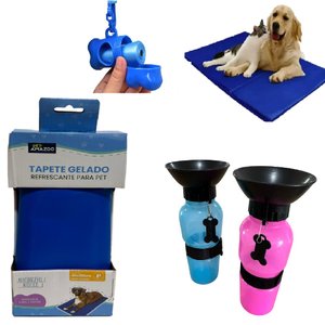 Tapete Gelado Refrescante Verão Para Pet + Bebedouro garrafa portátil + Suporte Cata Caca Com Refil 