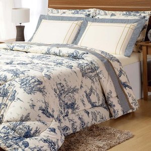 Kit Edredom Casal Queen Nobreza 03 Peças Percal 180 Fios Estampado - Palha com Azul