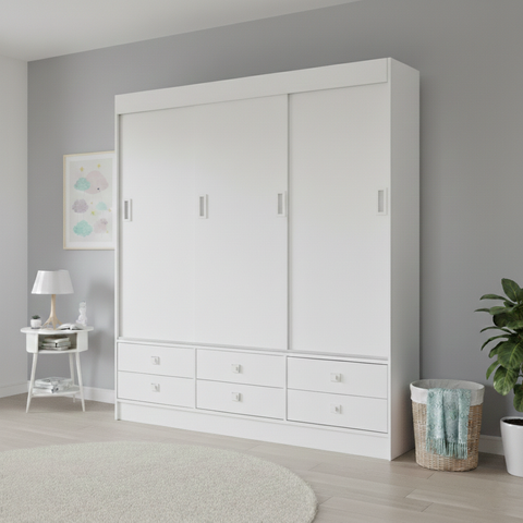Guarda-Roupa Solteiro 3 Portas de Correr 6 Gavetas Branco