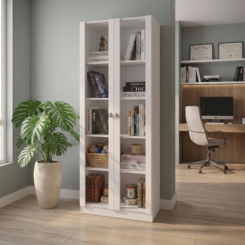 Armário para Escritório Multiuso com 2 Portas de Vidro Branco 60 x 171,5cm