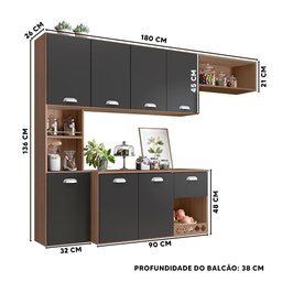 Cozinha Suspensa 7 Portas 1 Gaveta Carvalho Grafite Mila Poliman - 4