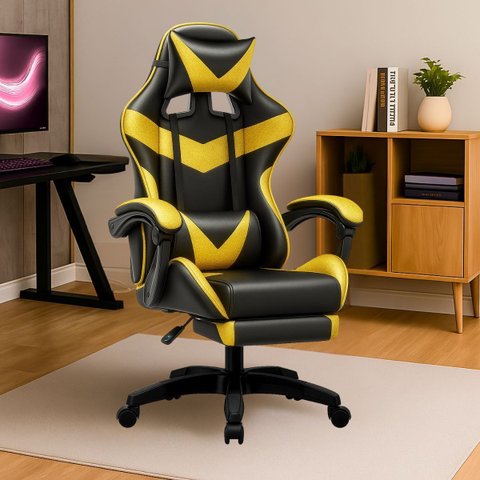 Cadeira de Escritório Gamer Nitro Dourado Ergonômica Couro Sintético Reclinável Altura Ajustável