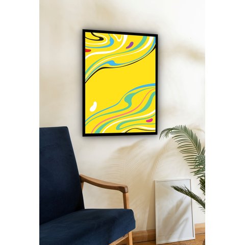 Quadro Decorativo Abstrato Aquarela Amarelo - 70x50cm:moldura Branca