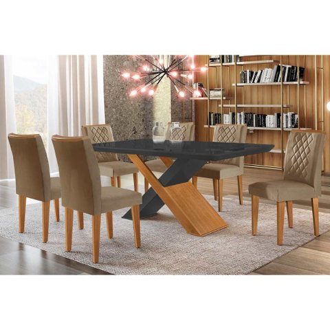 Sala de Jantar Completa Imperatriz Tampo Madeirado C/ Vidro Canto Curvo 180x90 e 6 Cadeiras Jade