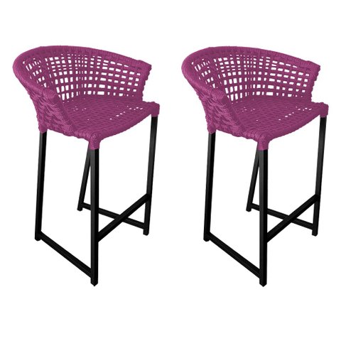 Kit 2 Banquetas Reis em Corda Náutica e Base em Alumínio Preta para Área Gourmet - Externa Rosa