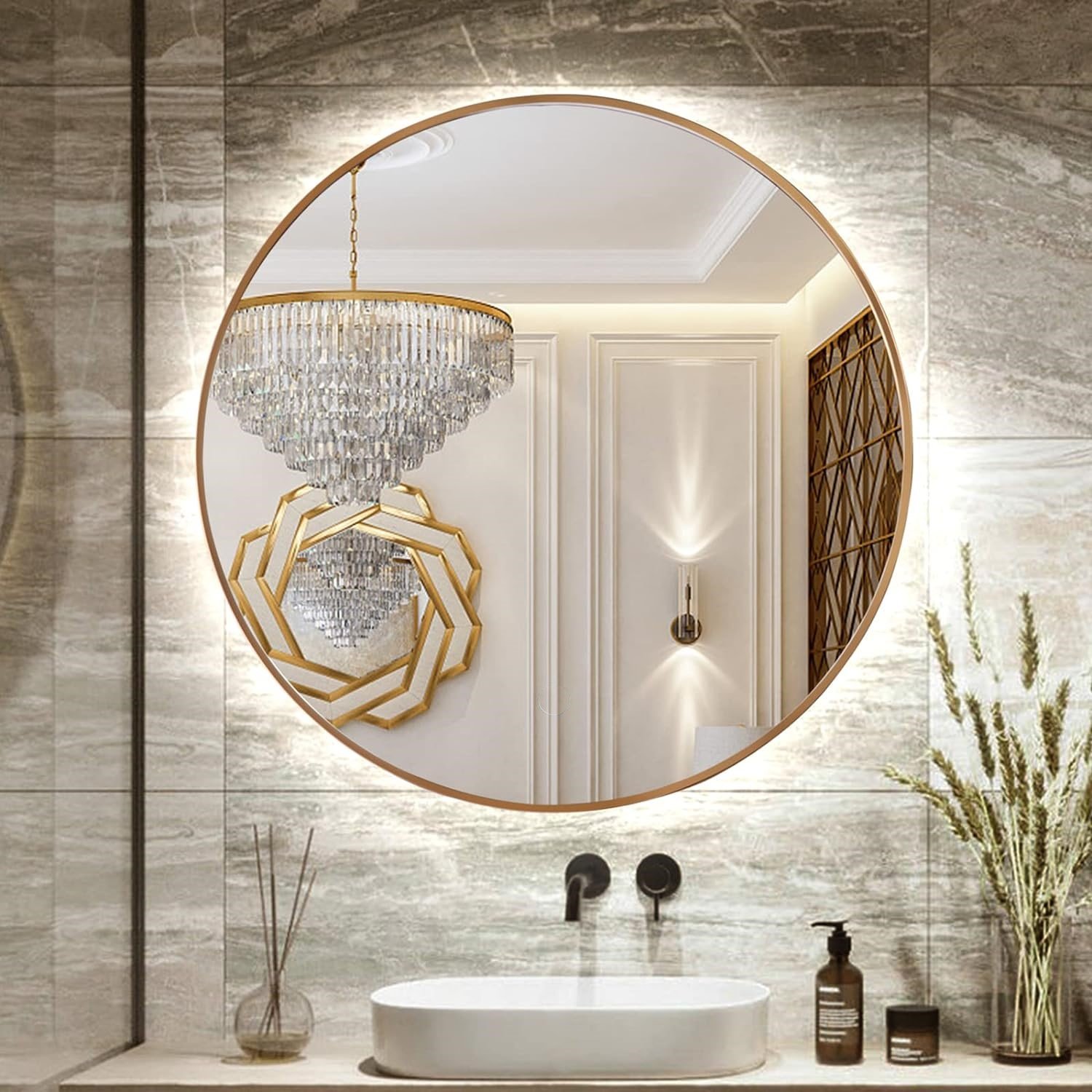 Ver imagem 3 de Espelho Redondo com Moldura Dourada Iluminado com Led Frio 80cm