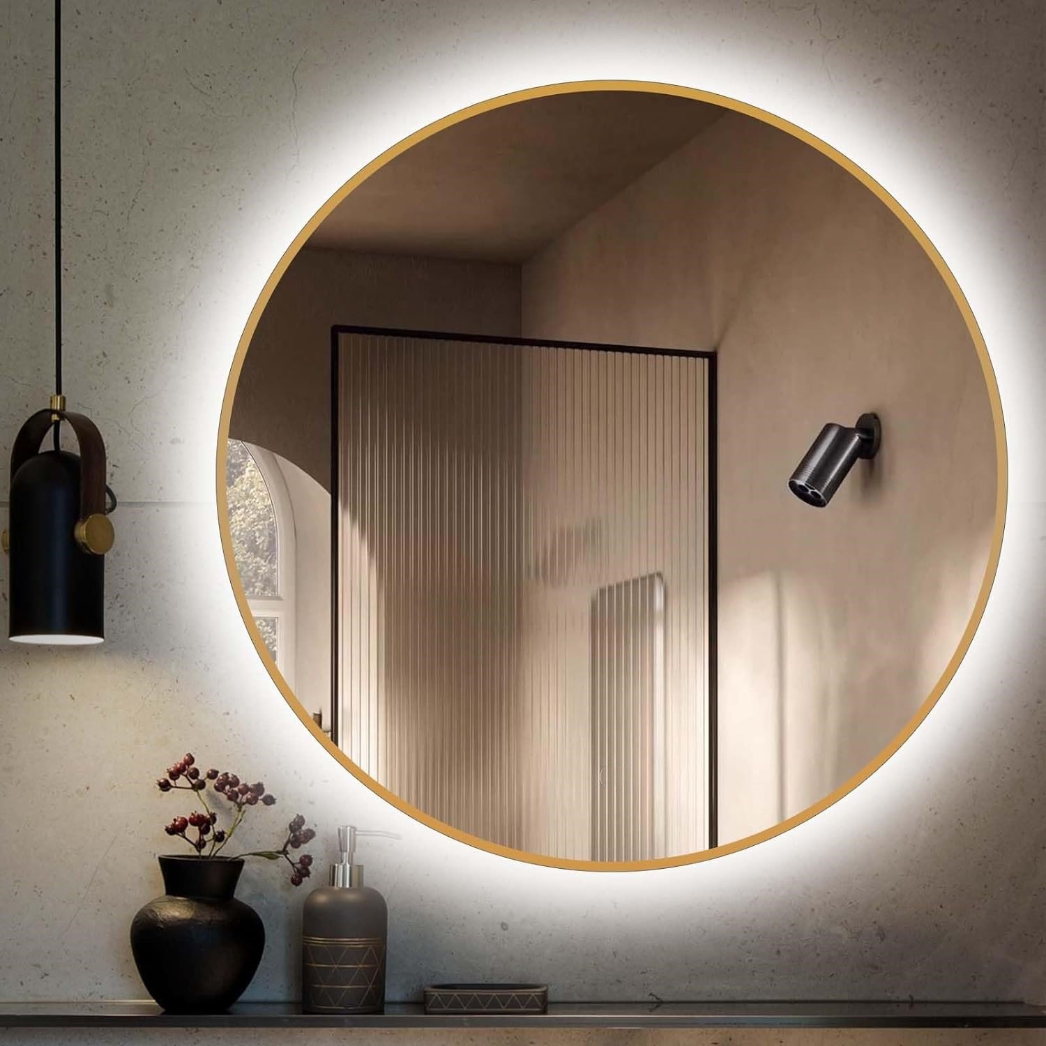 Ver imagem 1 de Espelho Redondo com Moldura Dourada Iluminado com Led Frio 80cm